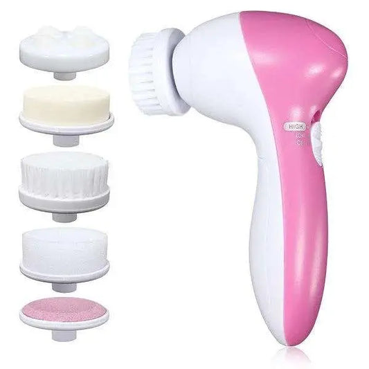 Cepillo facial masajeador portátil 5 en 1 blanco con rosa