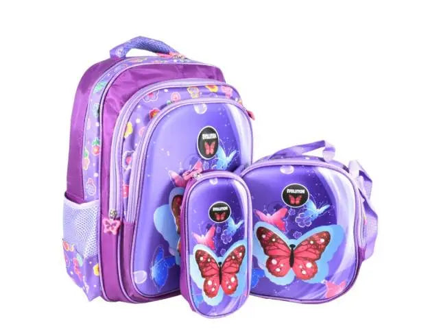 Mochila violeta con lonchera térmica y cartuchera 40x30x17cm