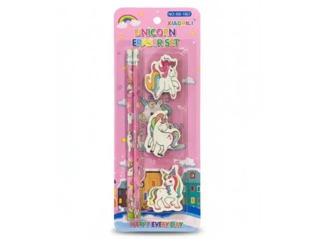 Set de lápices con gomas de borrar unicornio 24x10cm