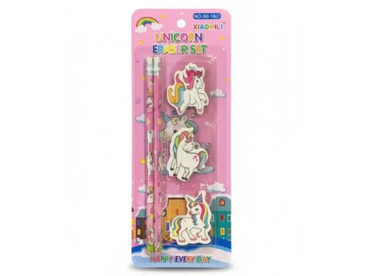 Set de lápices con gomas de borrar unicornio 24x10cm